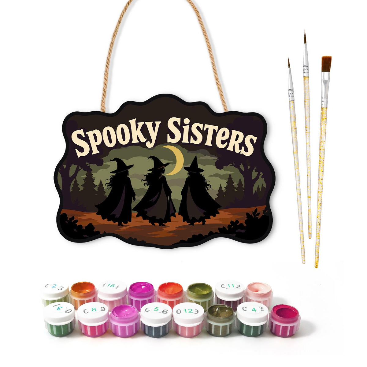 Three Witches on a Moonlit Walk paint by numbers hanging sign – image 2