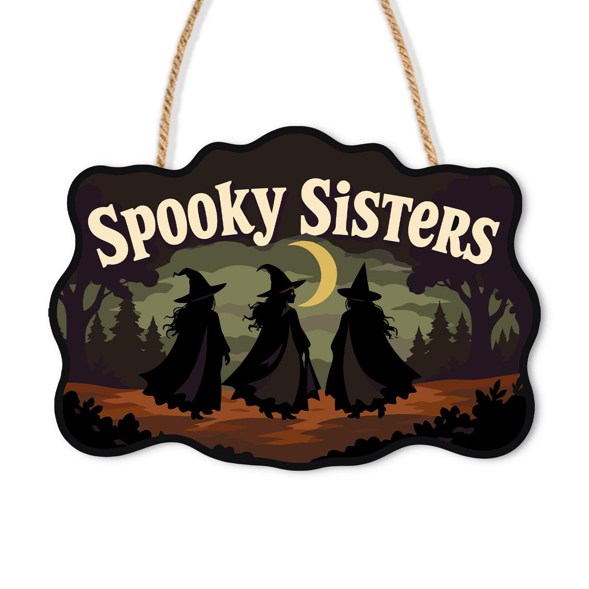 Three Witches on a Moonlit Walk paint by numbers hanging sign – Three witch silhouettes walking through a misty forest under a crescent moon, Spooky Sisters lettering, on a wooden sign with a rope hanger