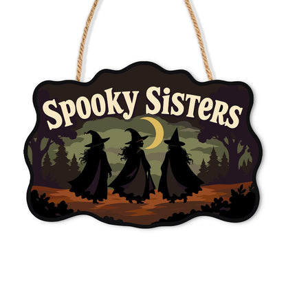 Three Witches on a Moonlit Walk paint by numbers hanging sign – Three witch silhouettes walking through a misty forest under a crescent moon, Spooky Sisters lettering, on a wooden sign with a rope hanger