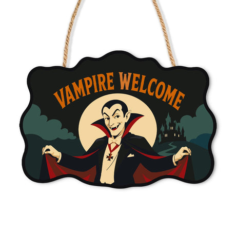 Cape-Spread Vampire at Full Moon paint by numbers hanging sign – Smiling vampire spreading his red-lined cape before a full moon with a distant castle, Vampire Welcome lettering, on a wooden sign with a rope hanger