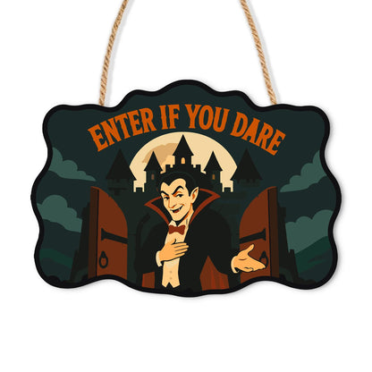Vampire at the Castle Gates paint by numbers hanging sign – Vampire beckoning between open gates before a castle and moon, Enter If You Dare lettering, on a wooden sign with a rope hanger