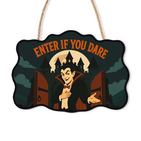 Vampire at the Castle Gates paint by numbers hanging sign – Vampire beckoning between open gates before a castle and moon, Enter If You Dare lettering, on a wooden sign with a rope hanger