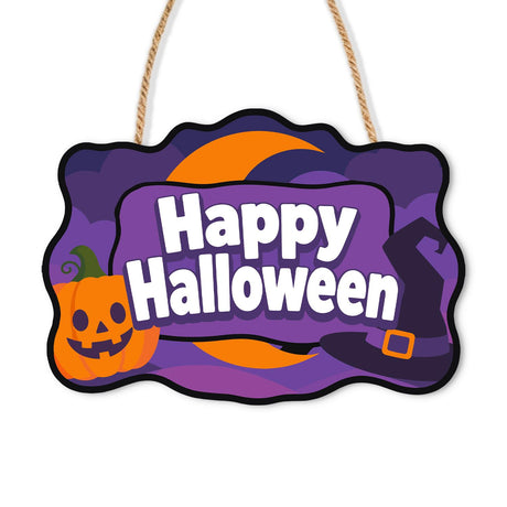 Crescent Moon Pumpkin Banner paint by numbers hanging sign – White Happy Halloween lettering on a purple banner with a jack-o'-lantern, witch hat and orange crescent moon, on a wooden sign with a rope hanger