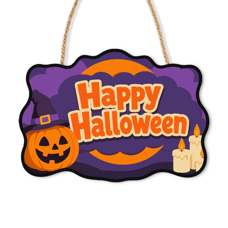 Candlelit Witch-Hat Pumpkin paint by numbers hanging sign – Jack-o'-lantern in a witch hat beside lit candles under an orange crescent moon on purple, Happy Halloween, on a wooden sign with a rope hanger