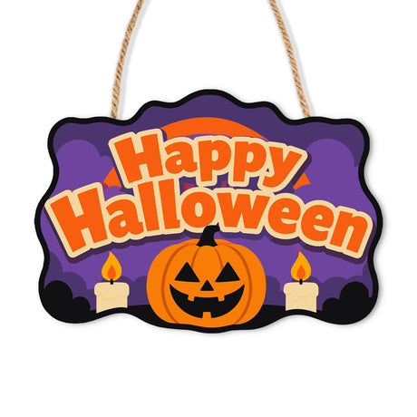 Twin Candle Jack-O'-Lantern paint by numbers hanging sign – Jack-o'-lantern between two lit candles on purple with orange Happy Halloween lettering, on a wooden sign with a rope hanger