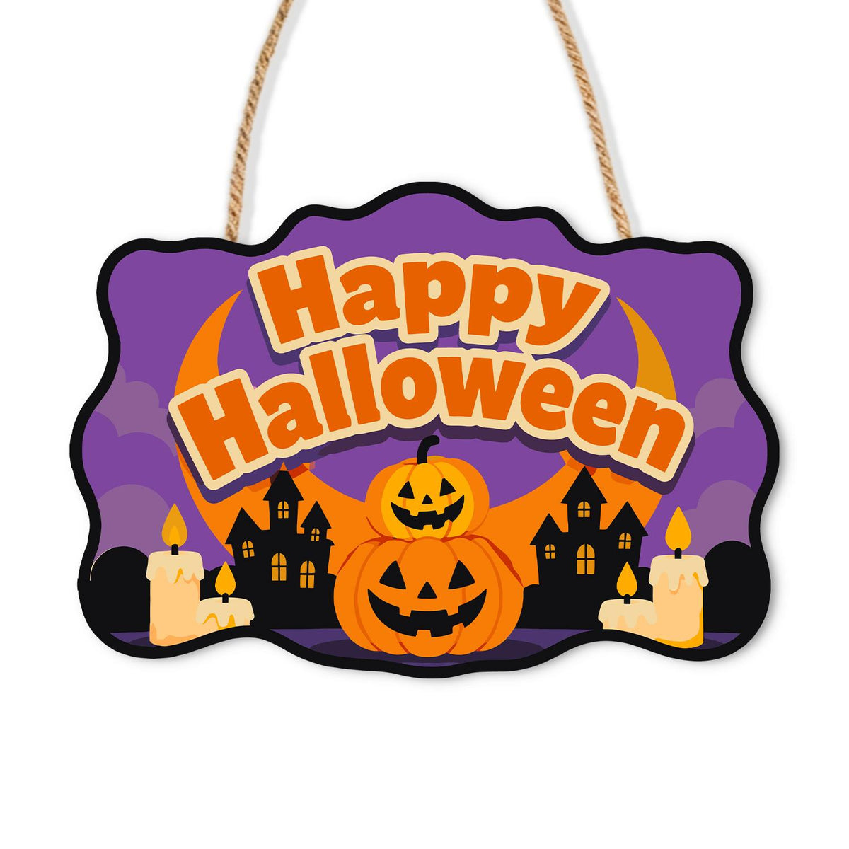 Stacked Pumpkins and Haunted Town paint by numbers hanging sign – Two stacked jack-o'-lanterns with candles before haunted house silhouettes and a crescent moon, Happy Halloween, on a wooden sign with a rope hanger