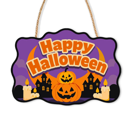Stacked Pumpkins and Haunted Town paint by numbers hanging sign – Two stacked jack-o'-lanterns with candles before haunted house silhouettes and a crescent moon, Happy Halloween, on a wooden sign with a rope hanger