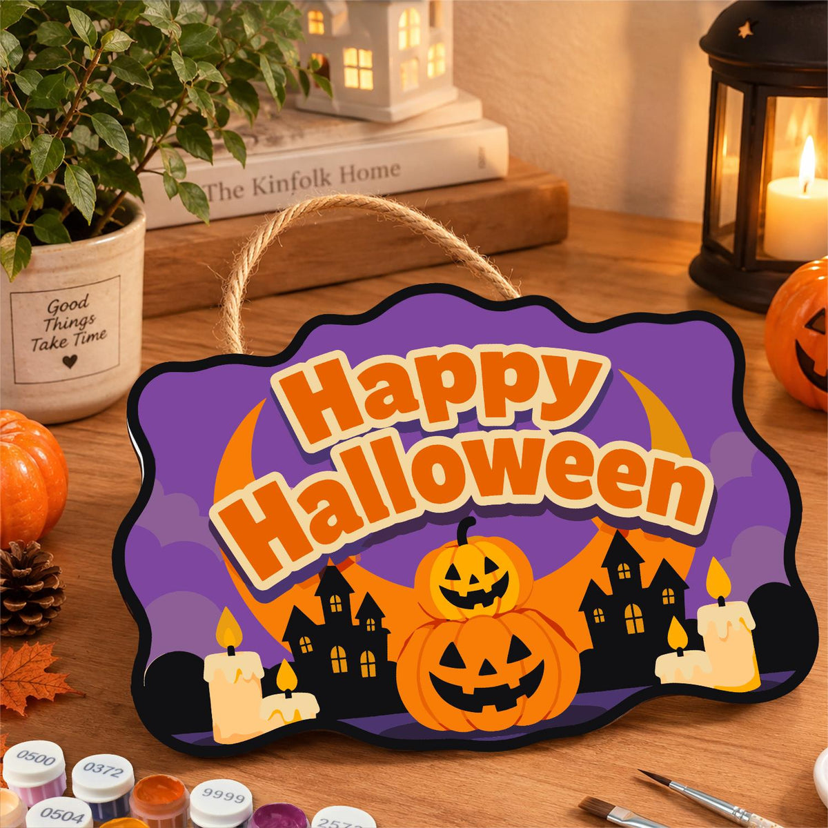 Stacked Pumpkins and Haunted Town paint by numbers hanging sign – image 8