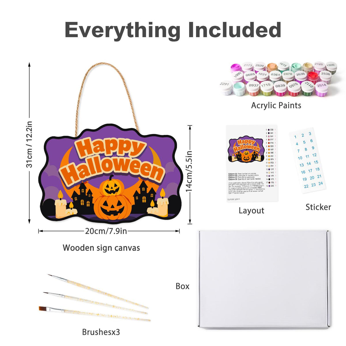 Stacked Pumpkins and Haunted Town paint by numbers hanging sign – what's in the kit: the wooden sign, rope hanger, numbered paints and brushes