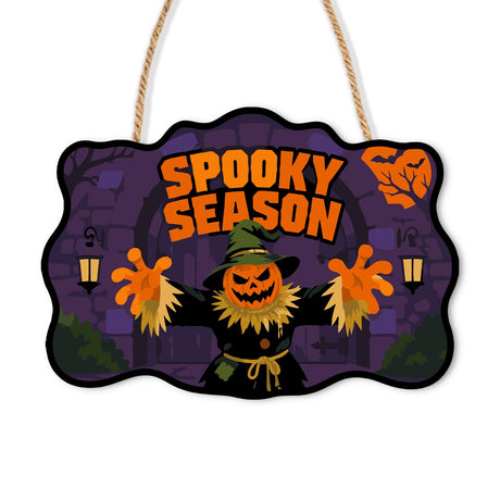 Lantern-Lit Archway Scarecrow paint by numbers hanging sign – Pumpkin-head scarecrow in a green witch hat with arms wide in a purple stone archway with lanterns, Spooky Season, on a wooden sign with a rope hanger