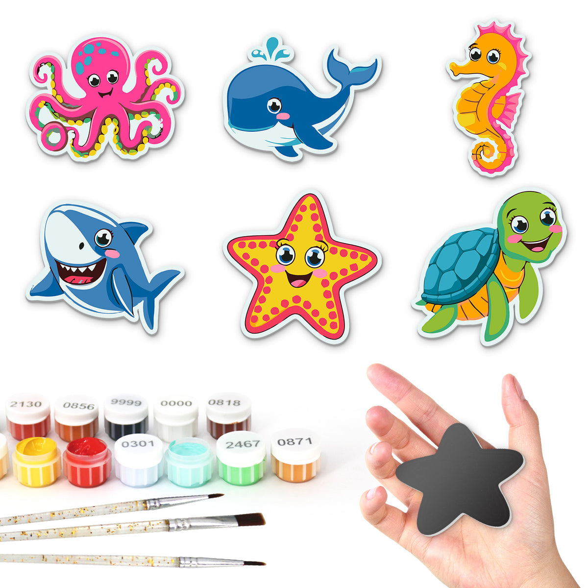 Happy Octopus and Sea Pals fridge magnets – Six cartoon sea creatures: a pink octopus, a blue whale, a seahorse, a shark, a starfish and a turtle