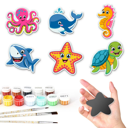 Happy Octopus and Sea Pals fridge magnets – Six cartoon sea creatures: a pink octopus, a blue whale, a seahorse, a shark, a starfish and a turtle