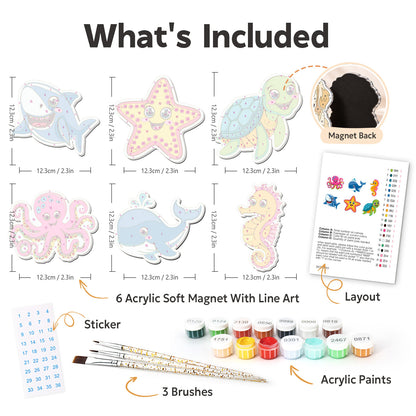Happy Octopus and Sea Pals fridge magnets – what's in the kit: the 6 soft magnets, numbered paints, brushes, layout sheet and stickers