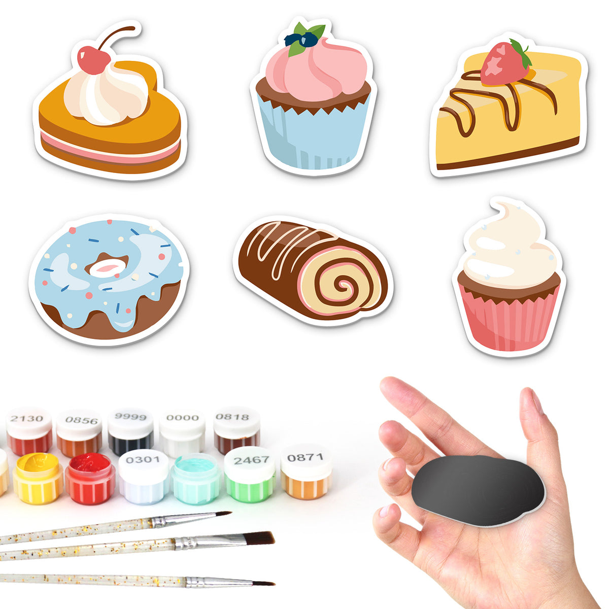 Cherry-Topped Bakery Sweets fridge magnets – Six desserts: cherry cream tart, pink cupcake, strawberry cheesecake, blue donut, Swiss roll, vanilla cupcake