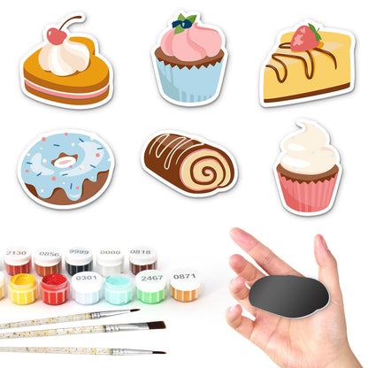 Cherry-Topped Bakery Sweets fridge magnets – Six desserts: cherry cream tart, pink cupcake, strawberry cheesecake, blue donut, Swiss roll, vanilla cupcake