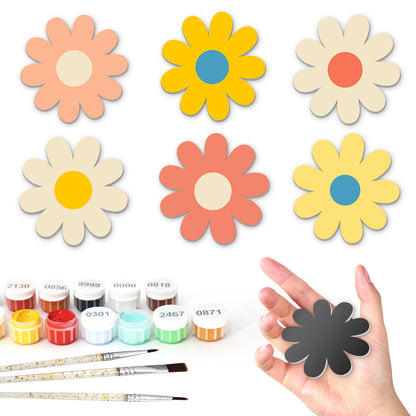 Sherbet-Hued Daisy Heads fridge magnets – Six flat daisy heads in peach, yellow, cream, coral and lemon with orange, blue and yellow centres