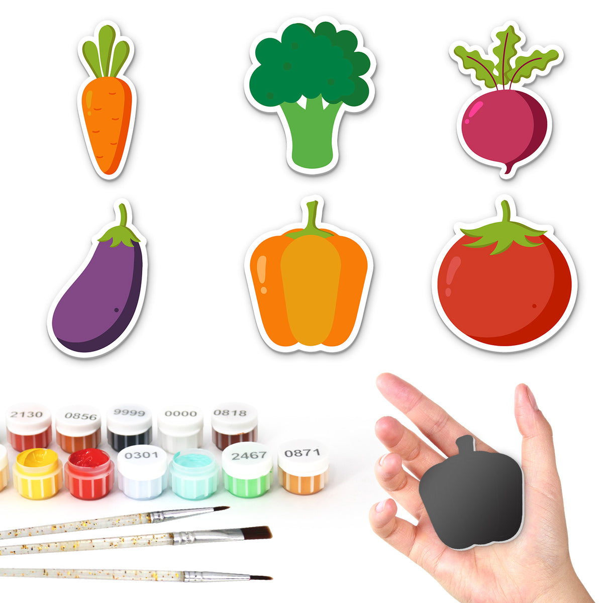 Beetroot and Broccoli Harvest fridge magnets – Six vegetables: carrot, broccoli, beetroot, eggplant, orange bell pepper and tomato