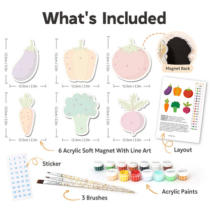 Beetroot and Broccoli Harvest fridge magnets – what's in the kit: the 6 soft magnets, numbered paints, brushes, layout sheet and stickers