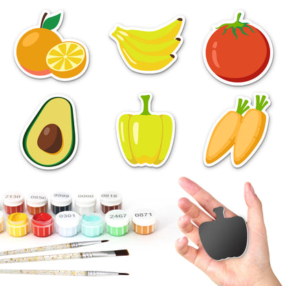 Avocado and Banana Market Haul fridge magnets – Six fruits and vegetables: orange, bananas, tomato, avocado half, yellow bell pepper and carrots