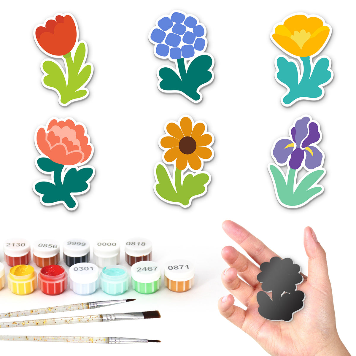 Iris and Hydrangea Posies fridge magnets – Six flowers: red tulip, blue hydrangea, yellow poppy, coral peony, orange daisy and purple iris
