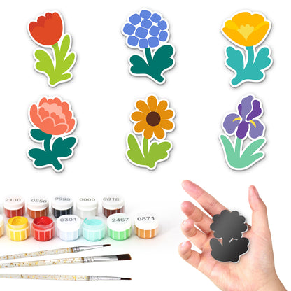 Iris and Hydrangea Posies fridge magnets – Six flowers: red tulip, blue hydrangea, yellow poppy, coral peony, orange daisy and purple iris
