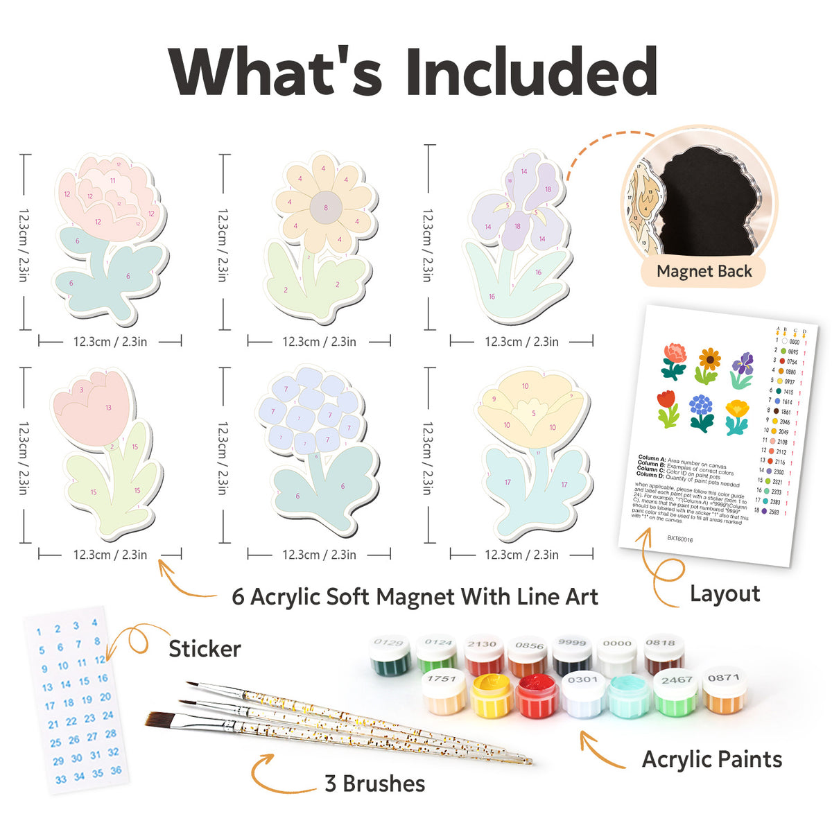 Iris and Hydrangea Posies fridge magnets – what's in the kit: the 6 soft magnets, numbered paints, brushes, layout sheet and stickers