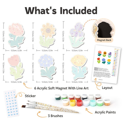 Iris and Hydrangea Posies fridge magnets – what's in the kit: the 6 soft magnets, numbered paints, brushes, layout sheet and stickers