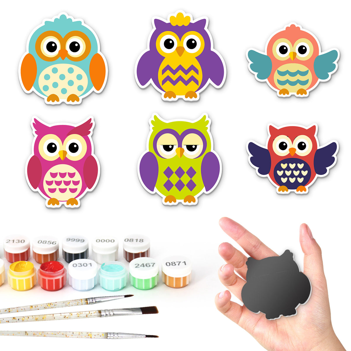 Polka-Dot Owl Parliament fridge magnets – Six cartoon owls in teal, purple, coral, pink, lime and navy with dots, hearts and diamond patterns