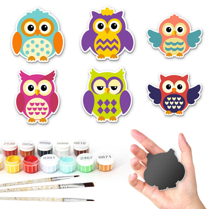 Polka-Dot Owl Parliament fridge magnets – Six cartoon owls in teal, purple, coral, pink, lime and navy with dots, hearts and diamond patterns