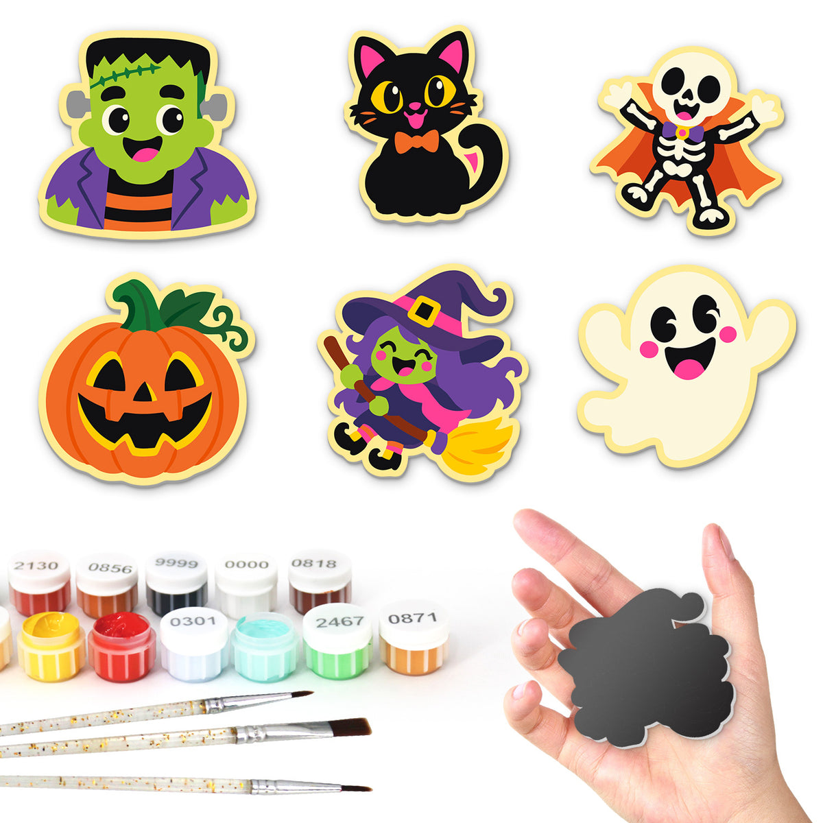 Pumpkin and Black Cat Spooks fridge magnets – Six Halloween characters: a green monster, a black cat, a dancing skeleton, a jack-o'-lantern, a witch and a ghost