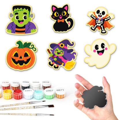 Pumpkin and Black Cat Spooks fridge magnets – Six Halloween characters: a green monster, a black cat, a dancing skeleton, a jack-o'-lantern, a witch and a ghost