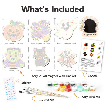 Pumpkin and Black Cat Spooks fridge magnets – what's in the kit: the 6 soft magnets, numbered paints, brushes, layout sheet and stickers