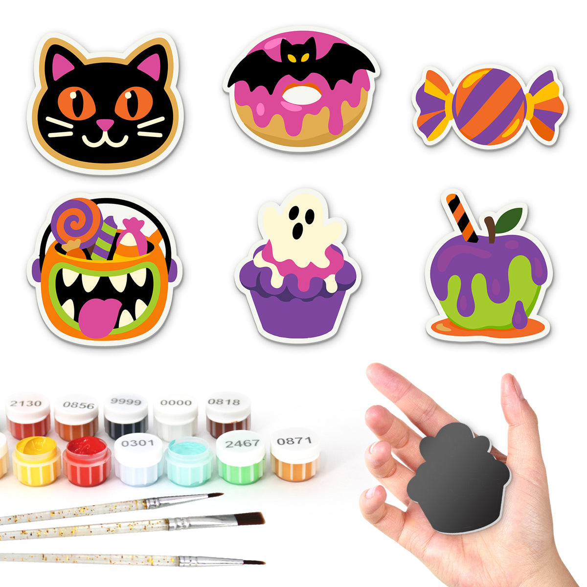 Candy Apple and Ghost Cupcake fridge magnets – Six Halloween sweets: black cat cookie, bat donut, wrapped candy, monster candy pail, ghost cupcake, poison apple