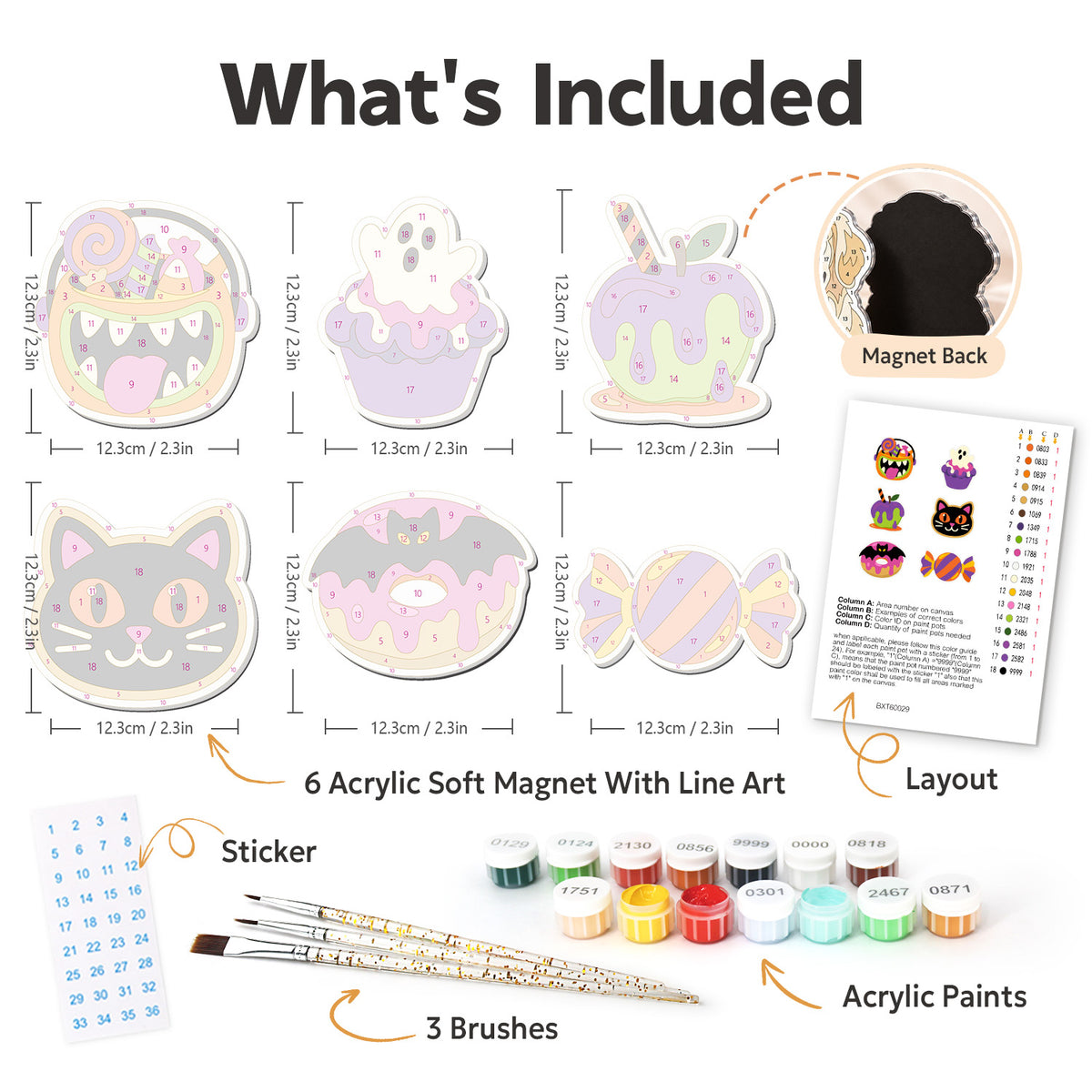Candy Apple and Ghost Cupcake fridge magnets – what's in the kit: the 6 soft magnets, numbered paints, brushes, layout sheet and stickers
