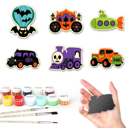 Pumpkin Coach and Skull Train fridge magnets – Six spooky vehicles: bat hot-air balloon, pumpkin carriage, green submarine, hearse, skull steam train, monster truck