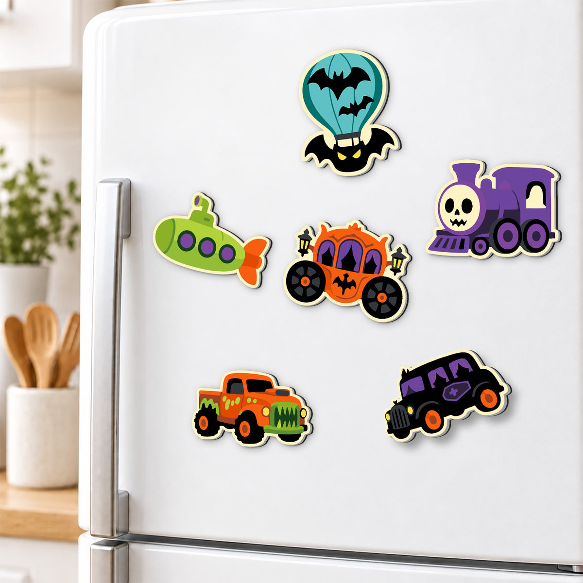 Pumpkin Coach and Skull Train fridge magnets – image 3