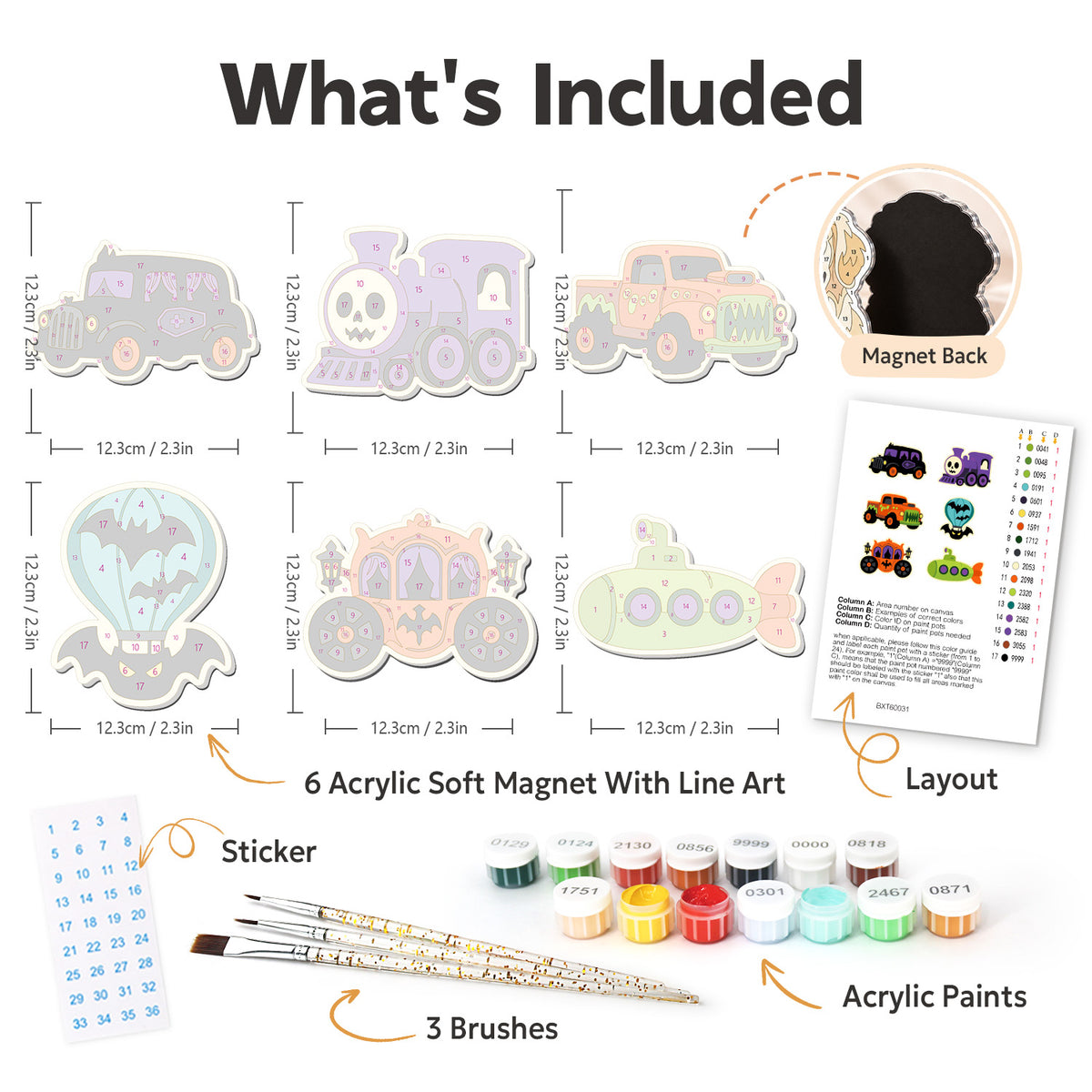 Pumpkin Coach and Skull Train fridge magnets – what's in the kit: the 6 soft magnets, numbered paints, brushes, layout sheet and stickers