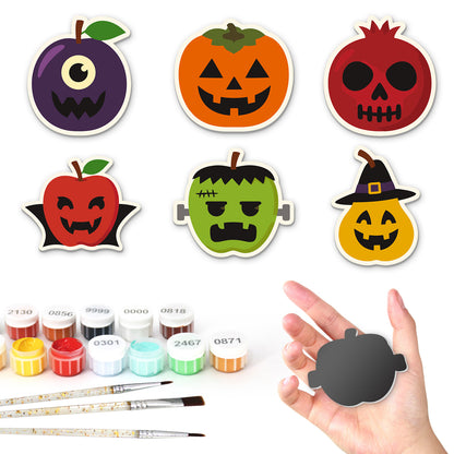 Vampire Apple and Fruit Fiends fridge magnets – Six spooky-faced fruits: one-eyed plum, pumpkin, pomegranate skull, vampire apple, green monster, witch pumpkin