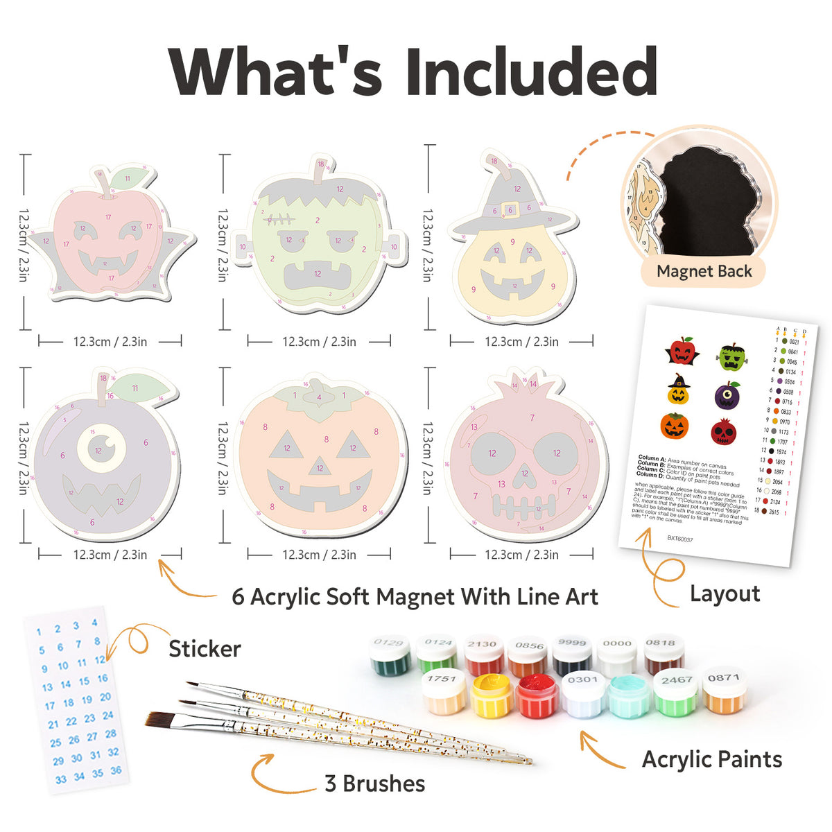 Vampire Apple and Fruit Fiends fridge magnets – what's in the kit: the 6 soft magnets, numbered paints, brushes, layout sheet and stickers