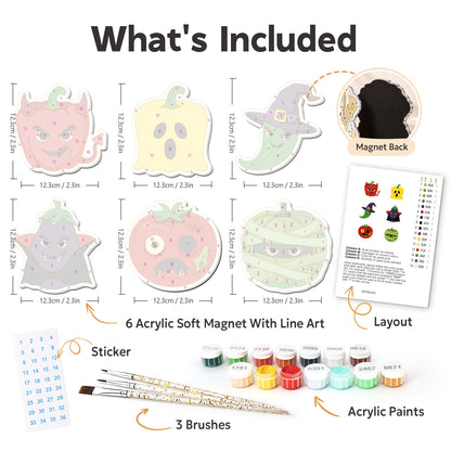 Devil Pepper and Witch Chili fridge magnets – what's in the kit: the 6 soft magnets, numbered paints, brushes, layout sheet and stickers