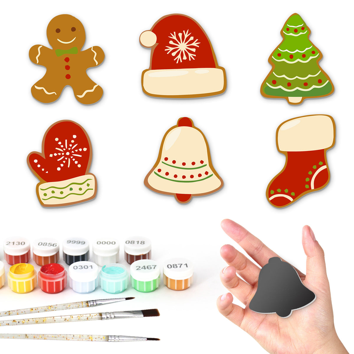 Iced Mitten and Stocking Cookies fridge magnets – Six iced Christmas cookies: gingerbread man, Santa hat, tree, red mitten, bell and stocking