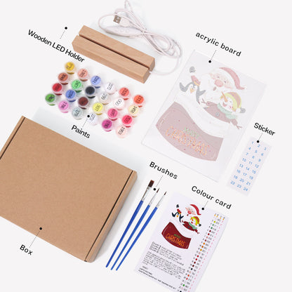 Santa's Sack of Snowy Friends paint by numbers light-up sign – what's in the kit: the acrylic sheet, wooden LED base, numbered paints and brushes