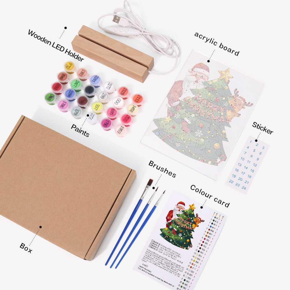 Peekaboo Santa Behind the Tree paint by numbers light-up sign – what's in the kit: the acrylic sheet, wooden LED base, numbered paints and brushes