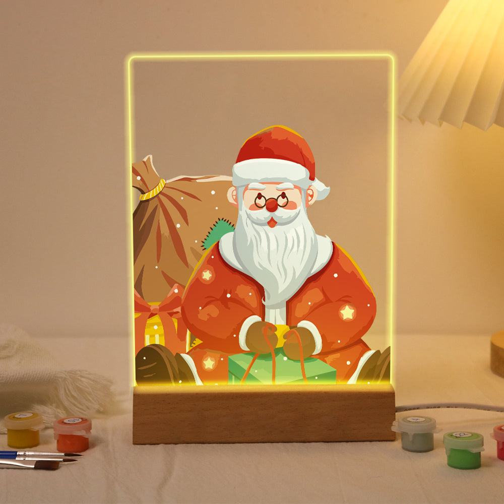 Old-World Santa in a Red Robe paint by numbers light-up sign – Traditional Santa with a long white beard in an ornate red robe surrounded by gifts and a sack, lit up on its wooden base