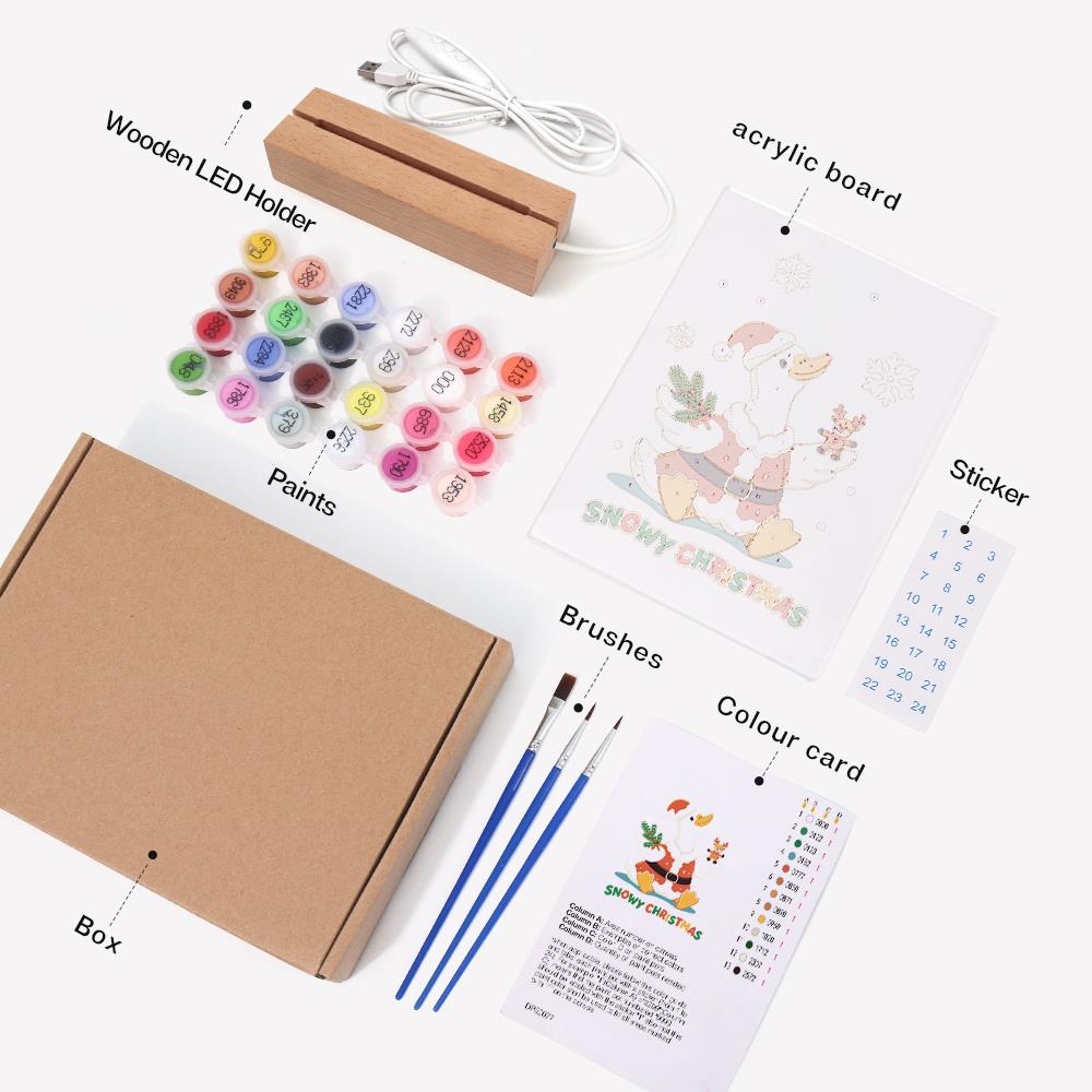 Snowflake Duck with Tiny Reindeer paint by numbers light-up sign – what's in the kit: the acrylic sheet, wooden LED base, numbered paints and brushes
