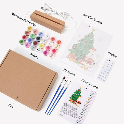 Santa Duck by the Towering Tree paint by numbers light-up sign – what's in the kit: the acrylic sheet, wooden LED base, numbered paints and brushes