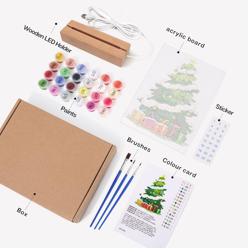 Tinsel-Wrapped Christmas Tree paint by numbers light-up sign – what's in the kit: the acrylic sheet, wooden LED base, numbered paints and brushes