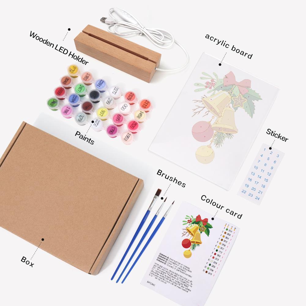Golden Bells and Red Bow paint by numbers light-up sign – what's in the kit: the acrylic sheet, wooden LED base, numbered paints and brushes