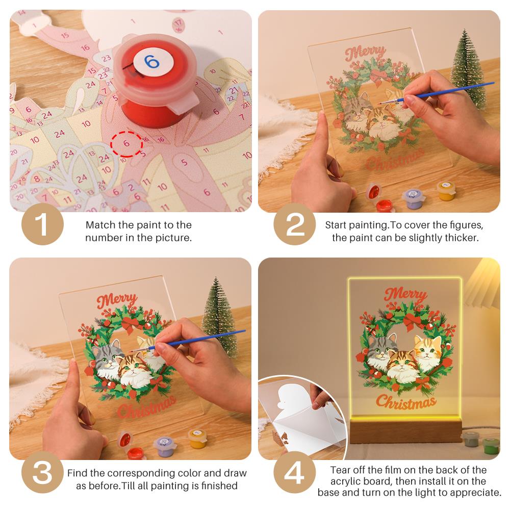 Three Cats in a Holly Wreath paint by numbers light-up sign – image 12