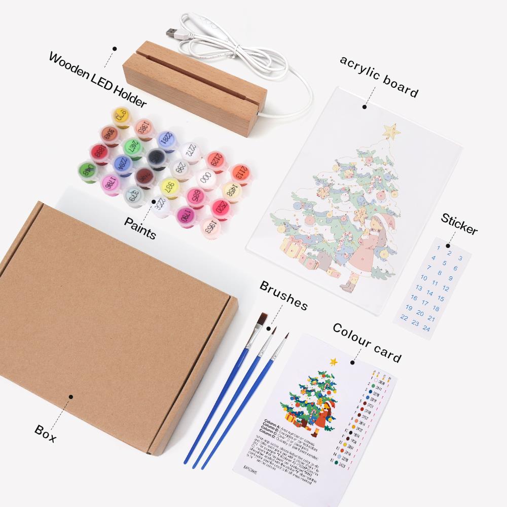 Little Girl by the Snowy Tree paint by numbers light-up sign – what's in the kit: the acrylic sheet, wooden LED base, numbered paints and brushes